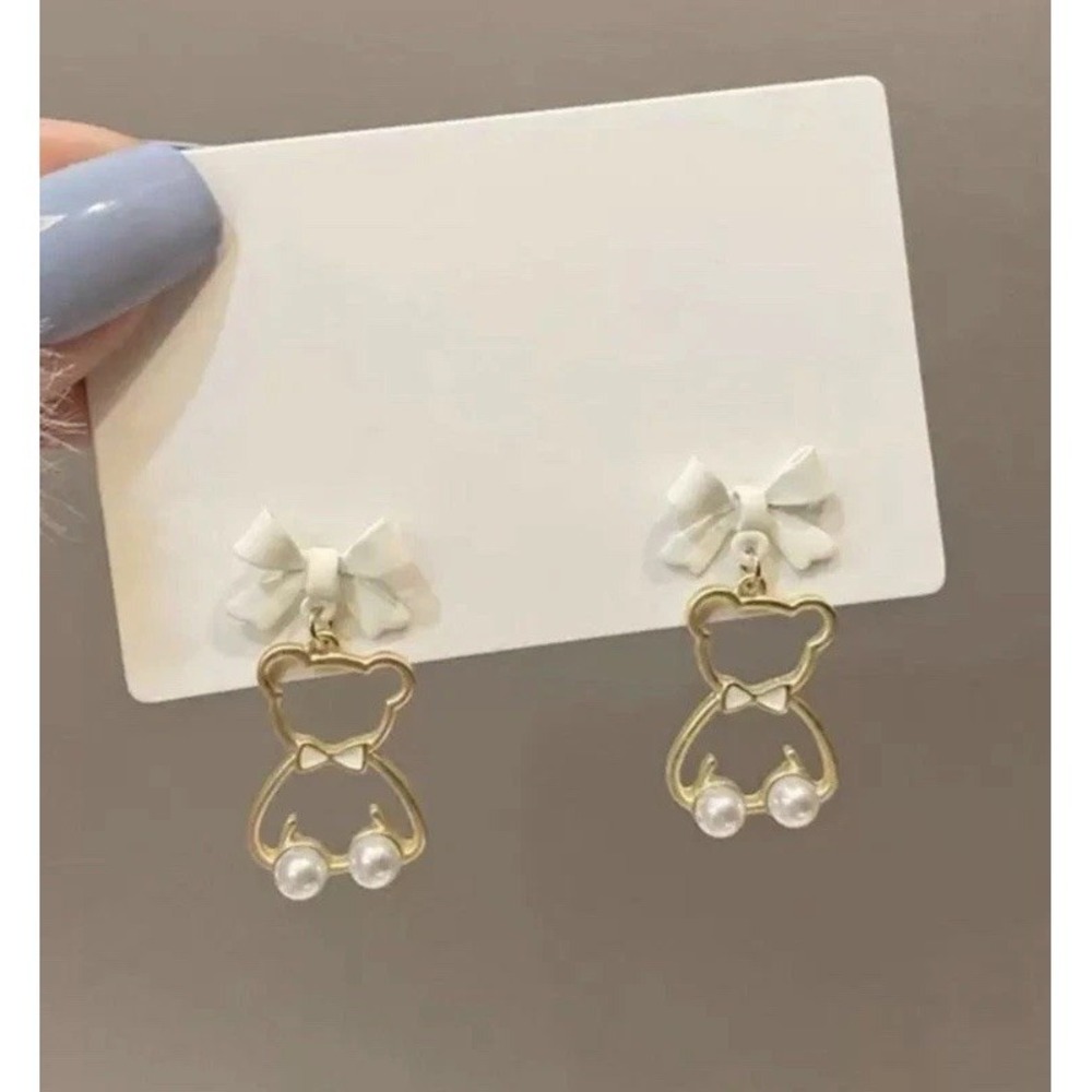 White Bow Teddy Bear Drop Earrings Faux Pearl Gold Accent Fine Jewelry Accessory
